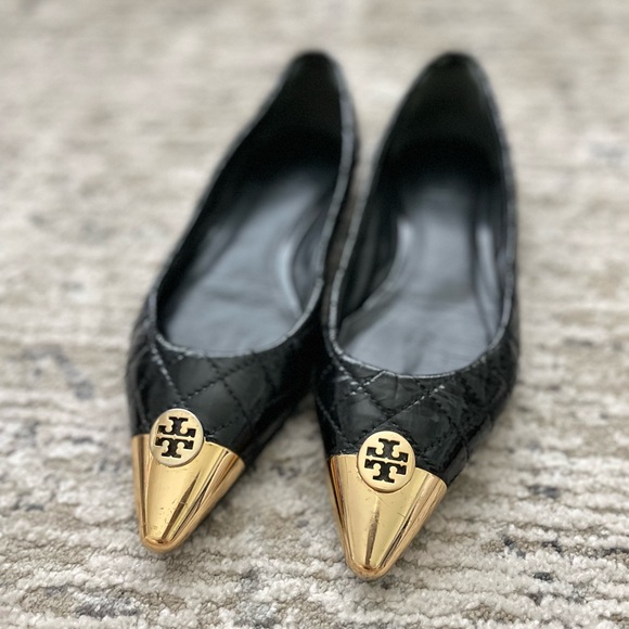 Tory Burch Patent Leather Quilted Pointed Toe Ballet Flats Size 5.5 Black - Picture 1 of 9